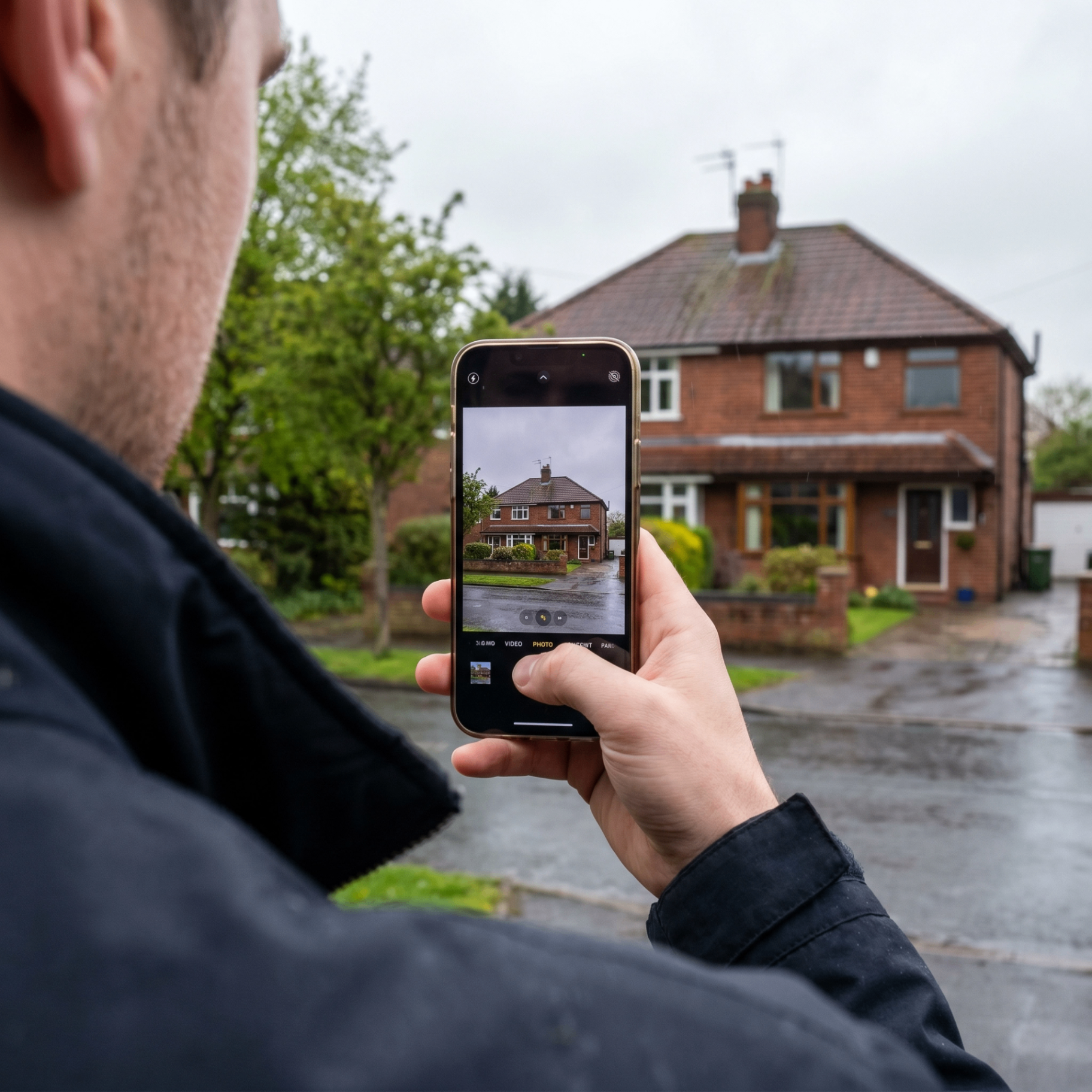 Homeowner taking a quick photo of their house to start a free EWI estimate